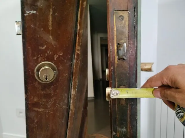 Cambio e instalación de cerradura en puerta de madera, con medición precisa para garantizar seguridad y ajuste perfecto